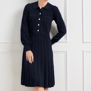 Talbots Navy Ribbed Fit and Flare Sweater Long Sleeve Dress with Gold Buttons